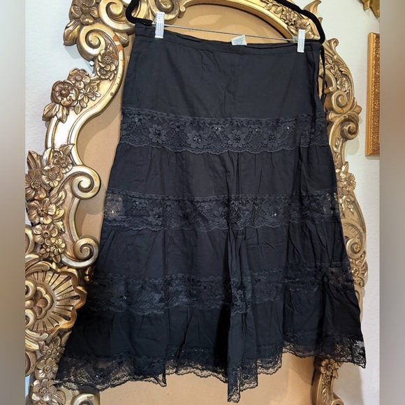 Vintage Black Tiered Sequin Lace Midi Skirt Side Zip 32”W Sz Large - Picture 1 of 1